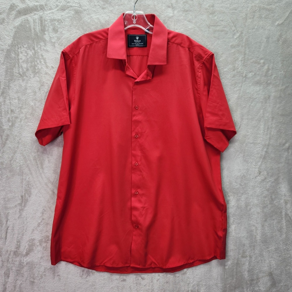 Suslo Couture Shirt Mens 2XL‎ Red Short Sleeve Stretch Slim Fit Button Up Dress